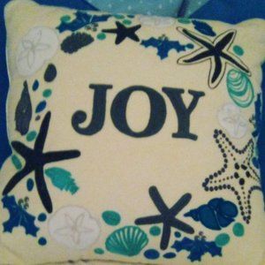 Joy 16" embroidered blue decorative pillow with starfish shells beach theme